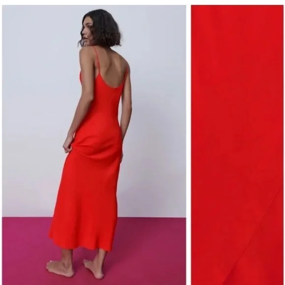 Zara bright Red Satin Effect Lingerie Style maxi Cowl Neck Dress - Picture 11 of 13